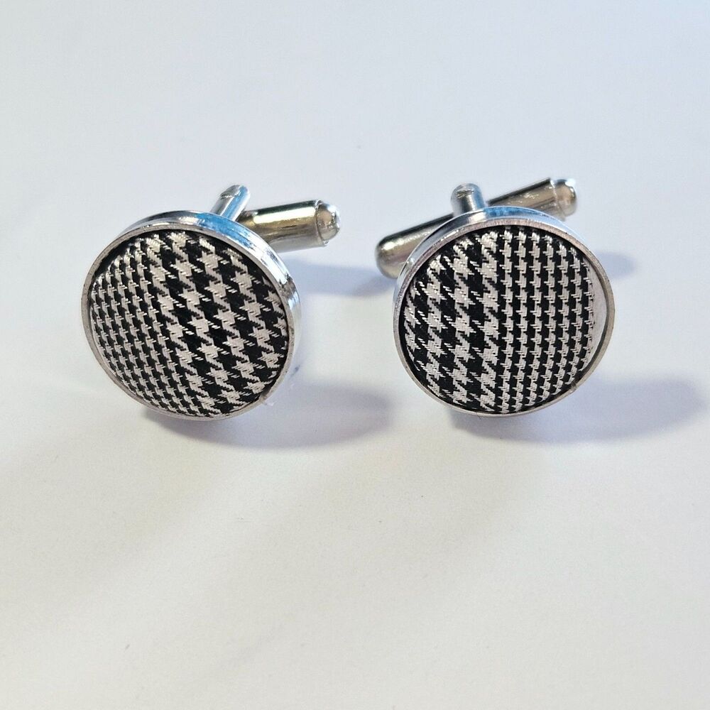 Men's Black and White Checkered Fabric Cufflinks Vintage Silver Tone